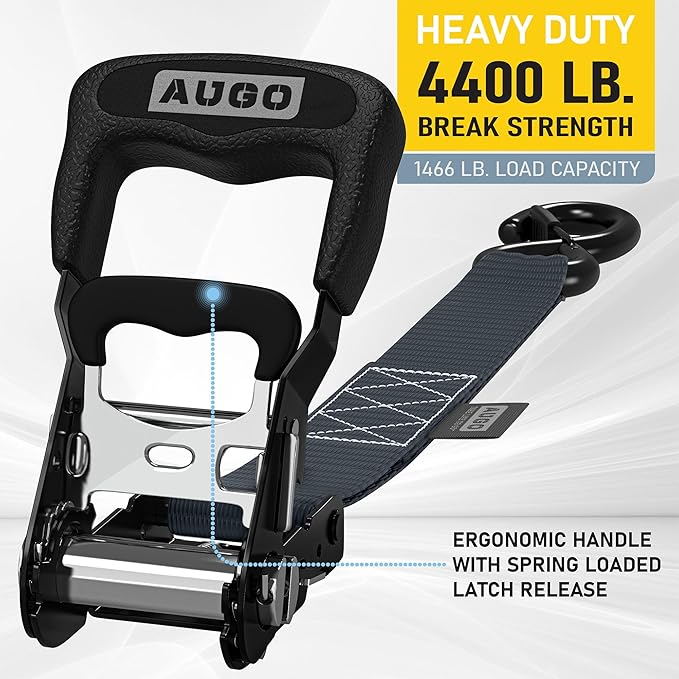 AUGO Heavy Duty Ratchet Straps & Soft Loops – Pack of 4 Extra Strong 1.5” by 10’ Ratchet Straps w/S-Hook Safety Latches & 4 Soft Loop Tie Downs – 4400Lb Break Strength for Motorcycles, ATVs, Etc.