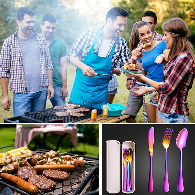 Portable Utensils Set with Case, 4pcs Stainless Steel Reusable Silverware for Lunch Camping School Picnic Workplace Travel, Lunch Box Includ Fork Spoon Knife,Easy to clean,Dishwasher Safe(Rainbow)