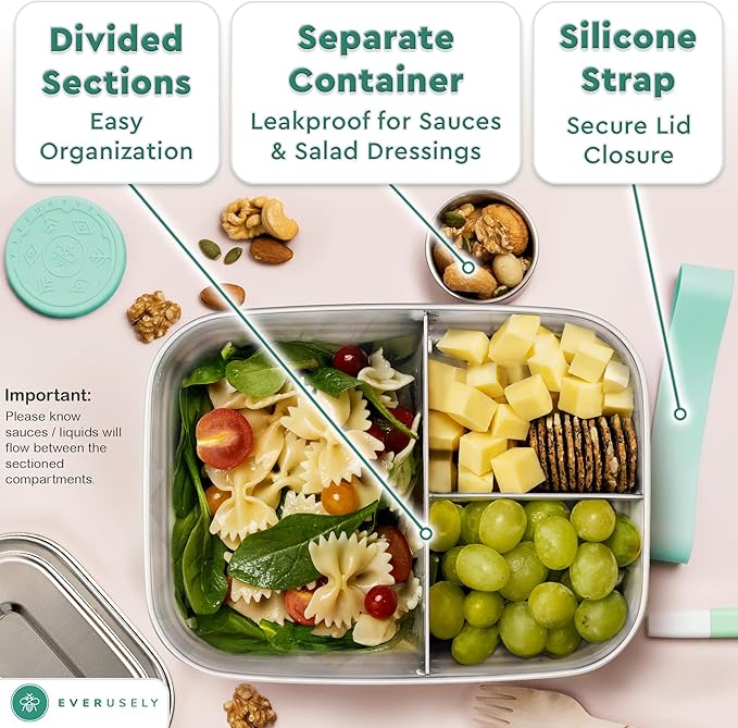 Everusely - Bento Box - Green, 60oz / 1.8 L - Stainless Steel Lunch Box with Leakproof Condiment Container - 3 Compartment Snack Organizer for On the Go Meals - Freezer & Dishwasher Safe