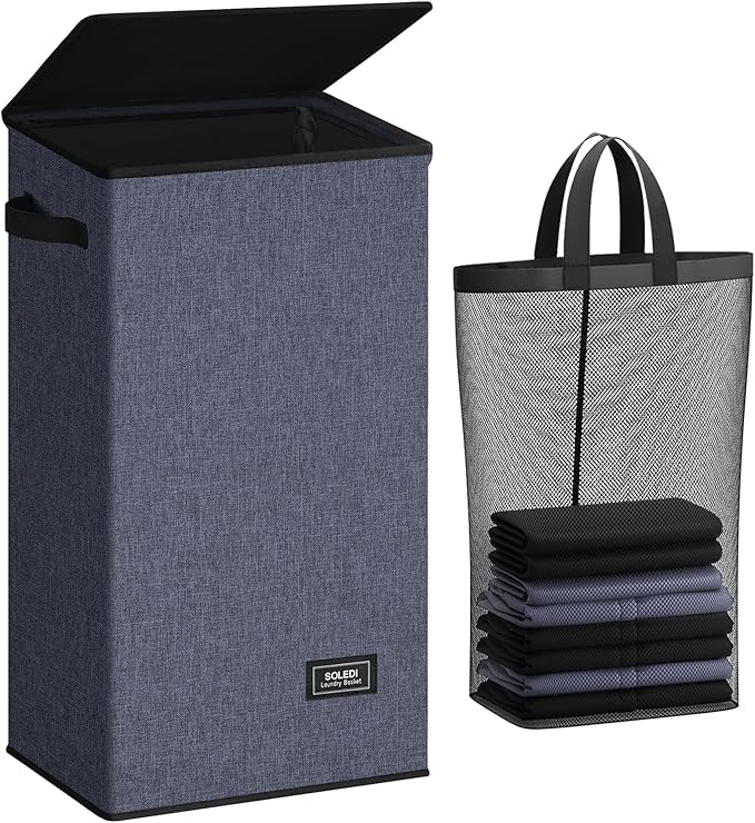 SOLEDI Laundry Hamper with Lid 100L Large & Tall Collapsible Laundry Basket, Clothes Hamper with Bag Removable Easy to Carry, Dirty Hampers for Bedroom, Bathroom, Dorm, College, Navy Blue