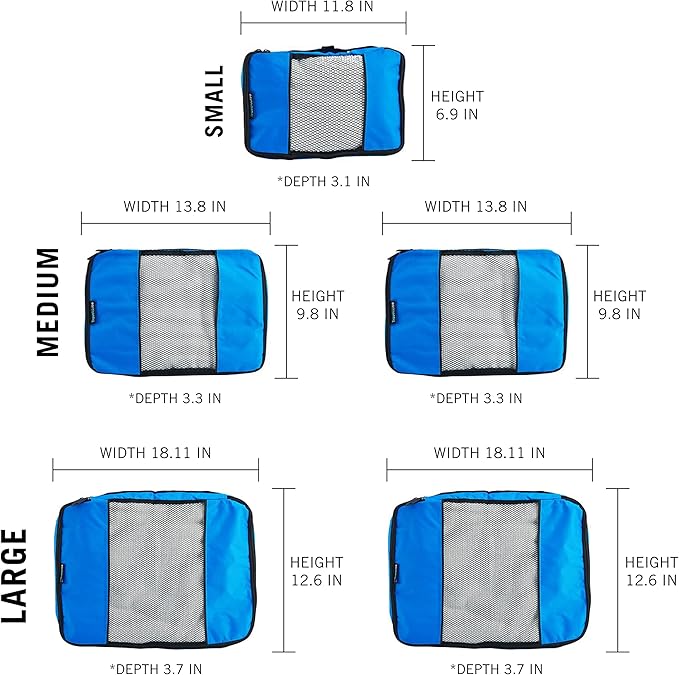 TravelWise Luggage Packing Organization Cubes 5 Pack, Blue, 2 Small, 2 Medium, 1 Large