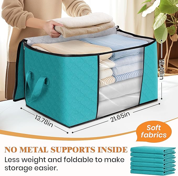 Fab totes 8 Pack Clothes Storage, Foldable Thick Fabric Blanket Storage Bags, Containers for Organizing Bedroom, Closet, Clothing, Comforter,Closet Organization with Handle,Green