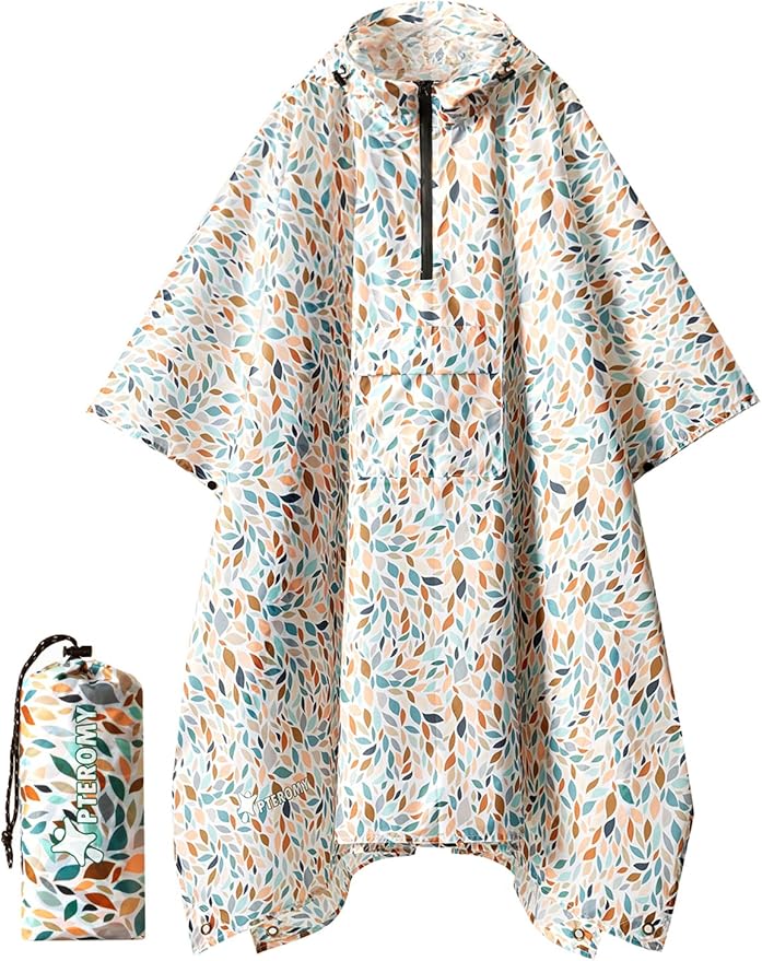 PTEROMY Hooded Rain Poncho for Adult with Pocket, Waterproof Lightweight Unisex Raincoat for Hiking Camping Emergency