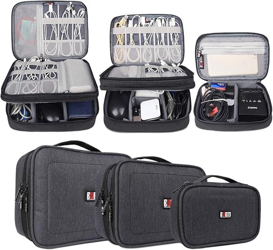 BUBM 3pcs Double Layer Electronic Organizer, Travel Gadgets Bag for Cables, External Flash Drive, Mouse, Memory Card, Power Bank and More, Compact and Multi-purpose, Black