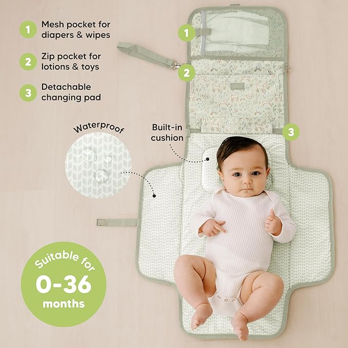 KeaBabies Portable Diaper Changing Pad - Large Waterproof Baby Changing Mat, Compact Travel Diaper Clutch, Functional Pockets Fit Newborn Essentials, Wipeable & Padded Baby Changer (Fox Vale)