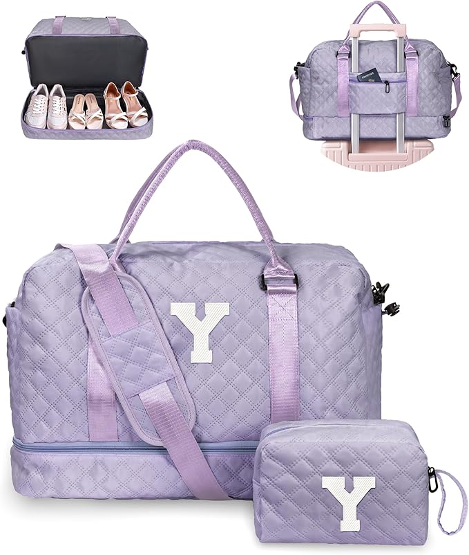 College Roommate Gifts, Teen Girls Gift Ideas-Girl Initial Travel Bags with Shoe Compartment, Personalized Weekender Bag, Overnight Bag for Women, Travel Bag with Makeup Bag (Letter Y)