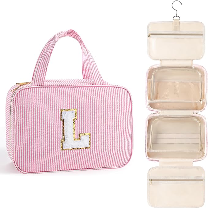 TOPEAST Travel Toiletry Bag Initial Makeup Bag for Teen Girls - Birthday Gifts for 7 8 9 10 11 12 13 14 15 16 17 18 Year Old Girls, Teen Girl Gifts Trendy Stuff - Letter L, Pink