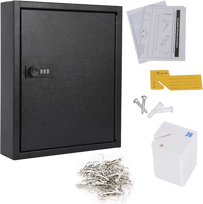 KYODOLED 60-Key Storage Lock Box with Code, Wall Mount Combination Lock Box, Key Hooks & Labels, Black
