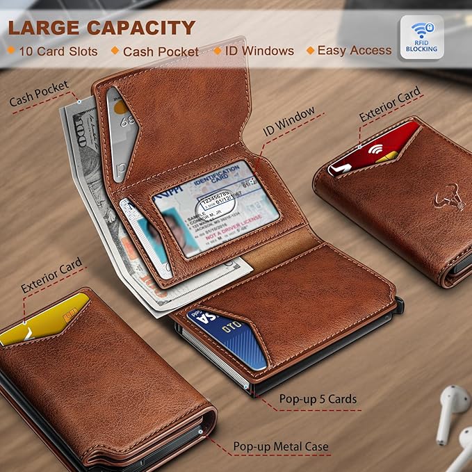 BULLIANT Men Wallet Leather Wallet Card Holders Money Clip for Men 10Cards-Magnetic Flip on Metal Case