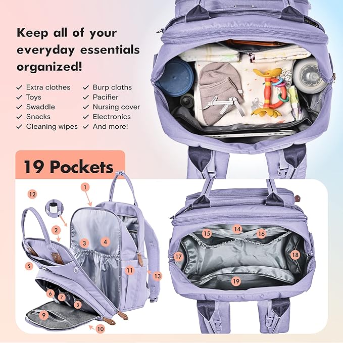 Dikaslon Diaper Bag Backpack with Portable Changing Pad, Pacifier Case and Stroller Straps, Large Unisex Baby Bags for Boys Girls, Multipurpose Travel Back Pack Moms Dads, Taro Purple