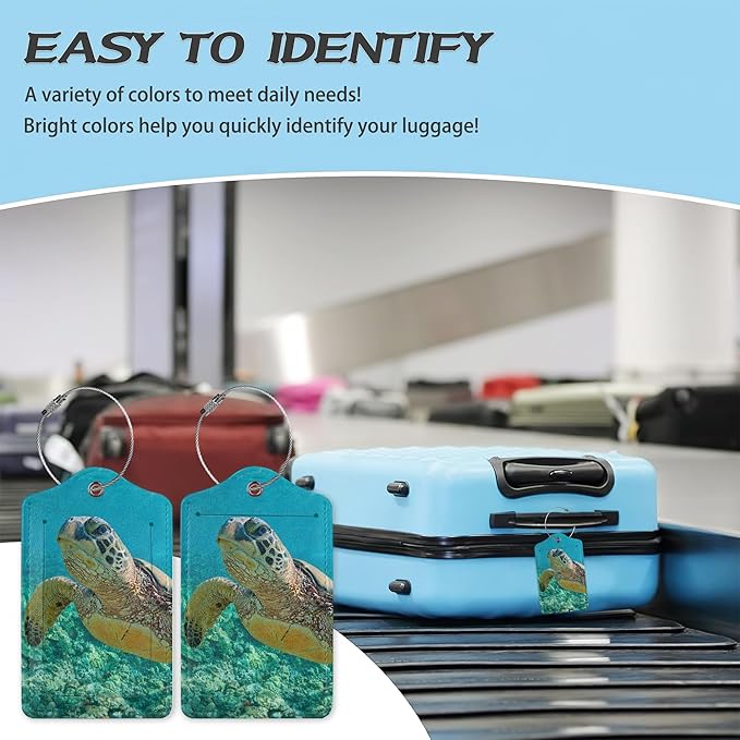 3 Pack Luggage Tag for Suitcase,Hawaiian Sea Turtle Leather Luggage Tags with Privacy Cover Name ID Label Identifiers Travel Bag Tags for Women Men Boys Girls