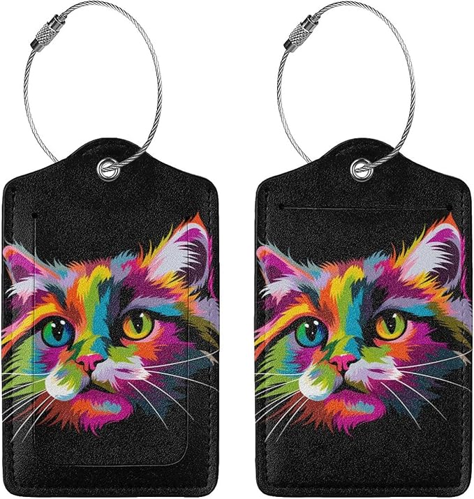Cat Leather Luggage Tag with Stainless Steel Ring, Fun Name Id Card Cover Travel Bag Tag Set, Suitable for Travel Bag Luggage Women Men 2 PCS