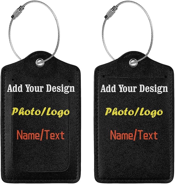 2 Pack Personalized Luggage Tags for Suitcases Travel with Photo Name Logo, Custom Leather Bag Tag for Women Girls Couples, Privacy Cover with Stainless Steel Loop Name Id Card Labels