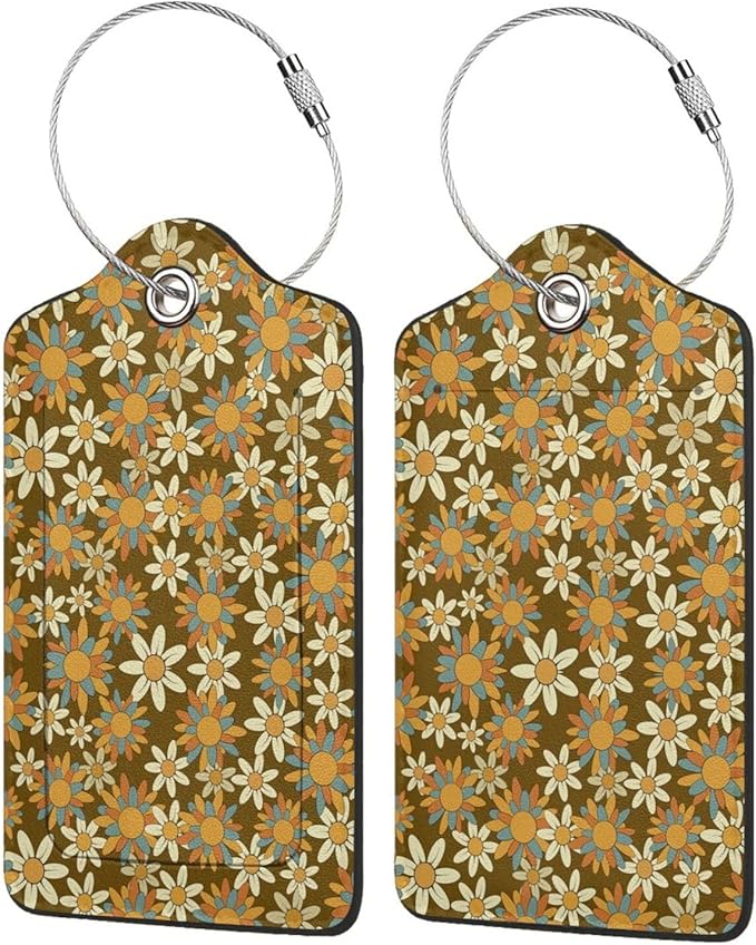 Flowers Leather Luggage Tag with Stainless Steel Ring, Fun Name Id Card Cover Travel Bag Tag Set, Suitable for Travel Bag Luggage Women Men 2 PCS