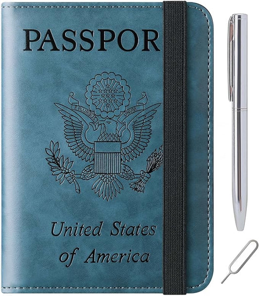 Passport Holder Cover Wallet Travel Essentials Leather Rfid Blocking Case Vacation Luggage Must Haves Travel Accessories for Men Women (116#Blue)