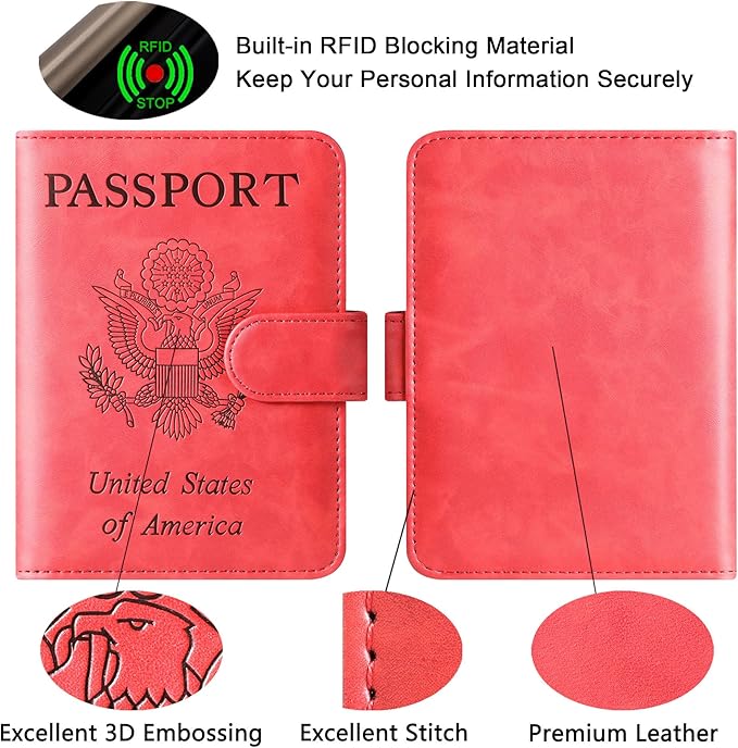 Passport Holder Cover Wallet Travel Essentials Leather Rfid Blocking Case Vacation Luggage Must Haves Travel Accessories for Men Women (120#Red)