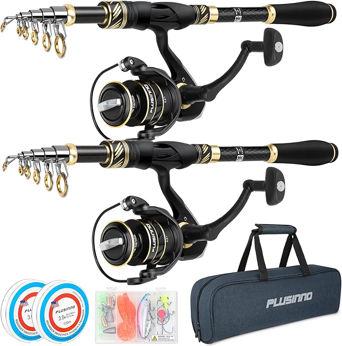 PLUSINNO Fishing Pole, Fishing Rod and Reel Combo,Telescopic Fishing Rod Kit with Spinning Reel, Collapsible Portable Fishing Pole with Carrier Bag for Freshwater Saltwater Fishing Gifts for Men Women