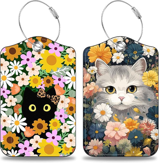 2 Pack Luggage Tags for Suitcases Cute Cat with Colorful Flowers Leather Luggage Tags Privacy Cover ID Label with Stainless Steel Loop and Address Card for Women Men Travel Bag Backpack