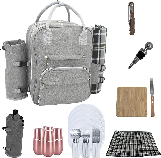 Truvelli Picnic Backpack for 4 with Blanket – 12-in-1 Insulated Picnic Basket Backpack Set with‬ Wine Holder, Cheese Board & Cutlery – Premium Picnic Back Pack for Family & Group‬ Adventures, Gray