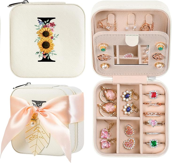 AYGXU Travel Jewelry Box for Women and Girls - Small Case With Initial A-Z - Teacher Gifts