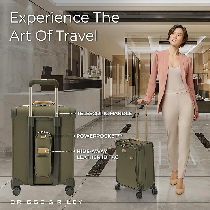 Briggs & Riley 21" Global Carry On Expandable Spinner - Luggage for International Travel, Suitcases with Wheels, Softside Rolling Bag for Men & Women, Self-Repairing Zipper- Baseline Collection, Olive