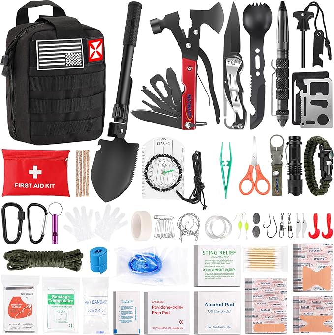 Survival First Aid Kit, 248PCS Survival Tools Camping Essentials Tactical Gear Emergency Trauma Medical Supplies Packed in a MOLLE Pouch, Saber Card,Cool for Men Camping Hiking Outdoor Activities