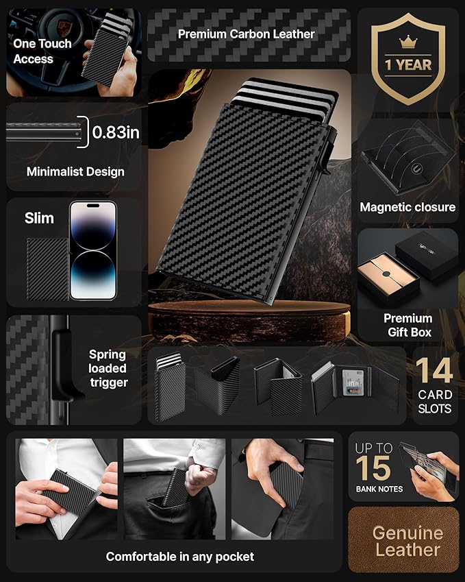 typecase Mens Wallet Card Holder: Pop Up Aluminum Case, Genuine Leather, Smart, RFID Blocking, Slim, Minimalist, Front Pocket - 9-14 Card Capacity | ID Window | Cash Slot (Carbon Fiber)