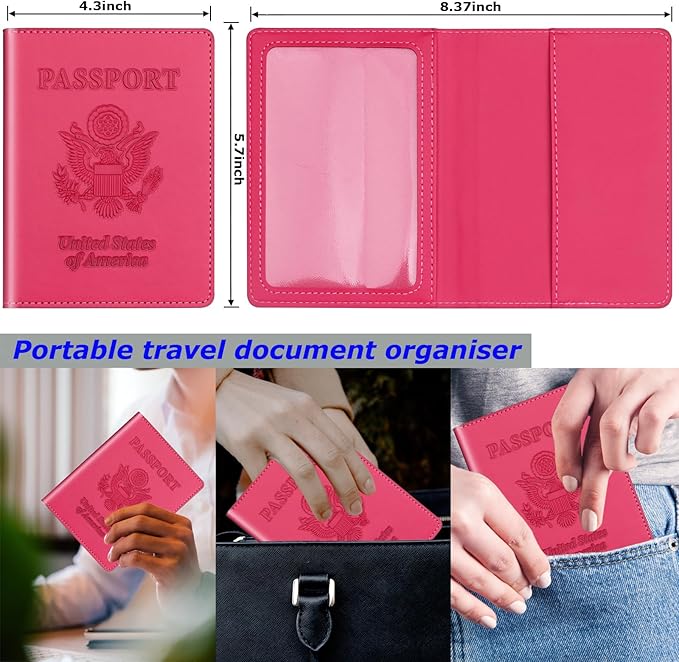 Passport Holder 2Pcs, Passport Cover Wallet Case for Women Men Family, Passports Book Holders Travel Must Haves Cruise Ship Essentials (Black & Rose Red)