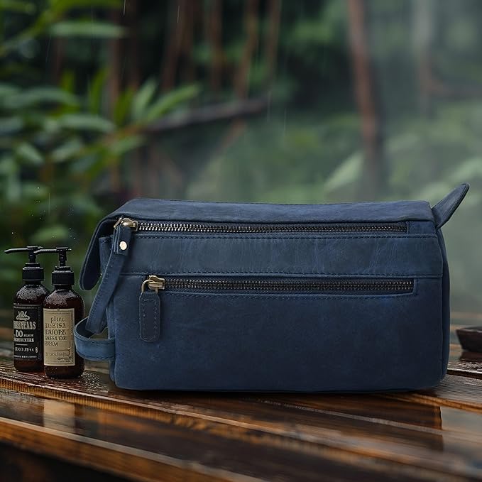 LEATHER VILLAGE Premium Leather Travel Toiletry Bag - Unisex Water-Resistant Travel Dopp Kit, Shaving & Cosmetic Organizer for Men & Women - Compact Bathroom Essentials - Royal Blue