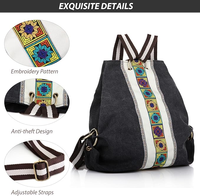 Goodhan Women Canvas Backpack Daypack Casual Shoulder Bag, Vintage Heavy-duty Anti-theft Travel Backpack Grey Black 2