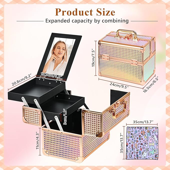 Makeup Case Organizer,Makeup Train Case, Trays Cosmetic Box Portable, Profesional for Salon Barber, Colorful Pink