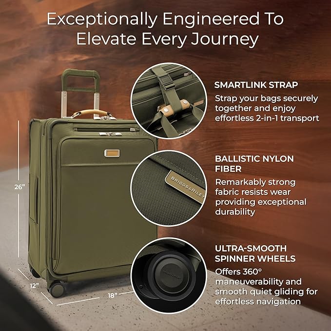 Briggs & Riley 26" Medium Expandable Spinner - Checked Luggage for Travel, Suitcases with Wheels, Softside Rolling Bag for Men & Women, Self-Repairing Zipper - Baseline Collection, Olive