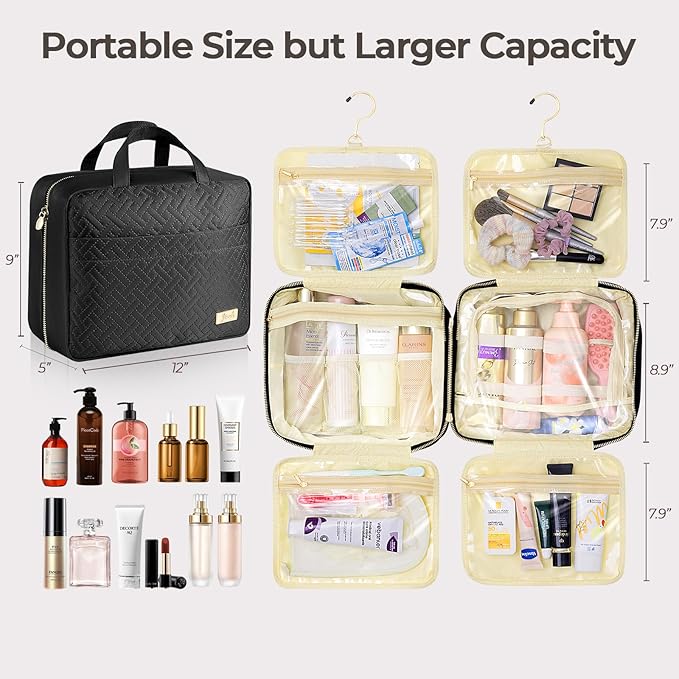 Hanging Travel Toiletry Bag for Women Detachable Toiletry Bag with 6 Compartments Large Makeup Bag Cosmetic Organizer for Bathroom Shower Business Trips Camping，Black