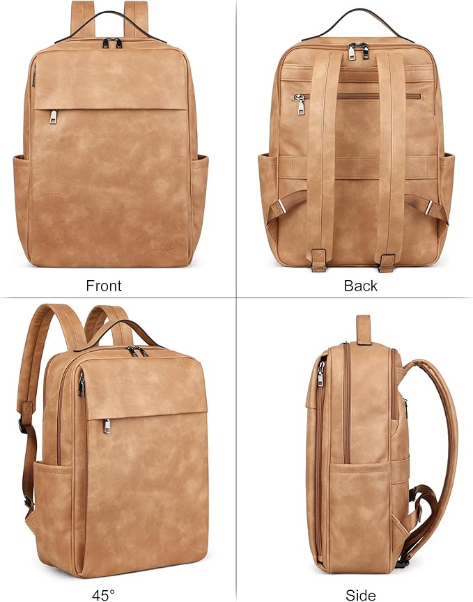 MASINTOR 15.6 inch PU Leather Laptop Backpack Purse for Women, Large College Casual Backpack Travel Bag Retro Camel