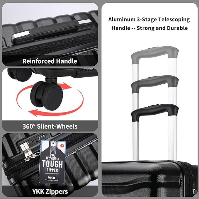 Lightweight Luggage with Spinner Wheels & YKK Zipper, Hard Shell 3-Piece Suitcase ABS+PC Hardside Luggage Set with TSA Lock for Men Travel, Black (20+24+28 inch)