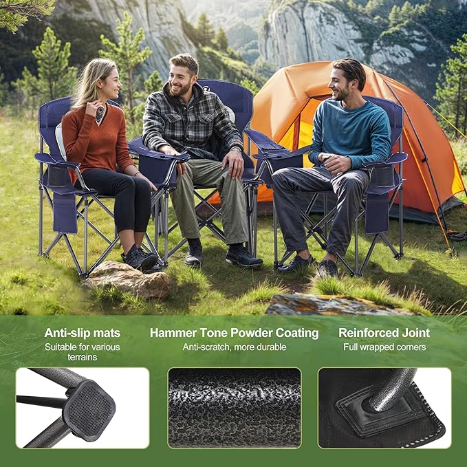 LET'S CAMP Oversized Folding Camping Chair Portable Outdoor Heavy Duty Padded Chairs Lawn Chair with Cup Holder, Storage Pocket and Cooler Bag, Supports 450LBS, for Camp, Travel, Picnic (Blue)