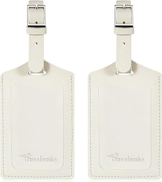 Travelambo Luggage Tags for Suitcases Faux Leather Privacy Protection 2 Pack Bag Tags Travel Accessories Essential, Ivory