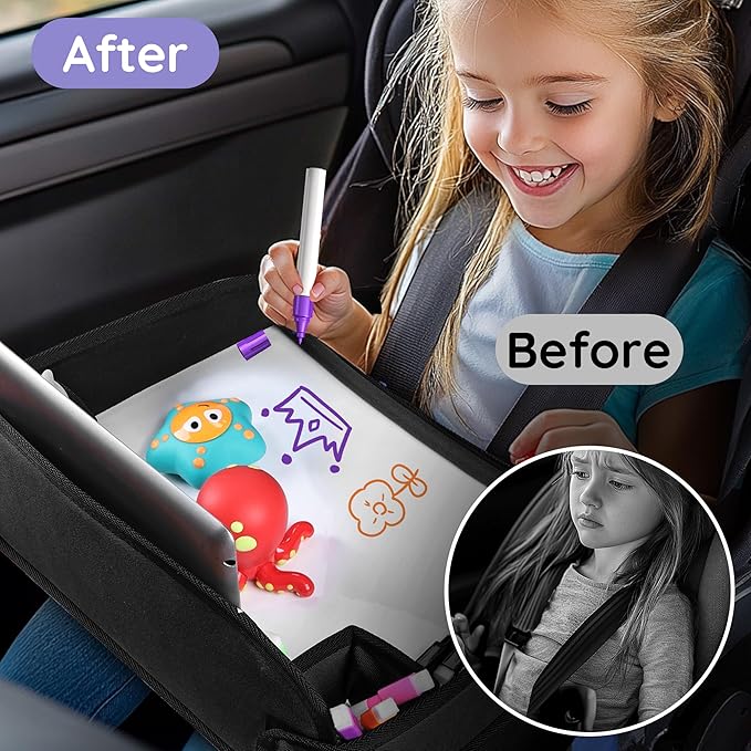 Kids Travel Tray, Kids Travel Trays for Car Seat, Road Trip Essentials for Toddler, Carseat Lap Tray with Dry Erase Board & Storage Organizer for Road Trip Activities for Kid, Black
