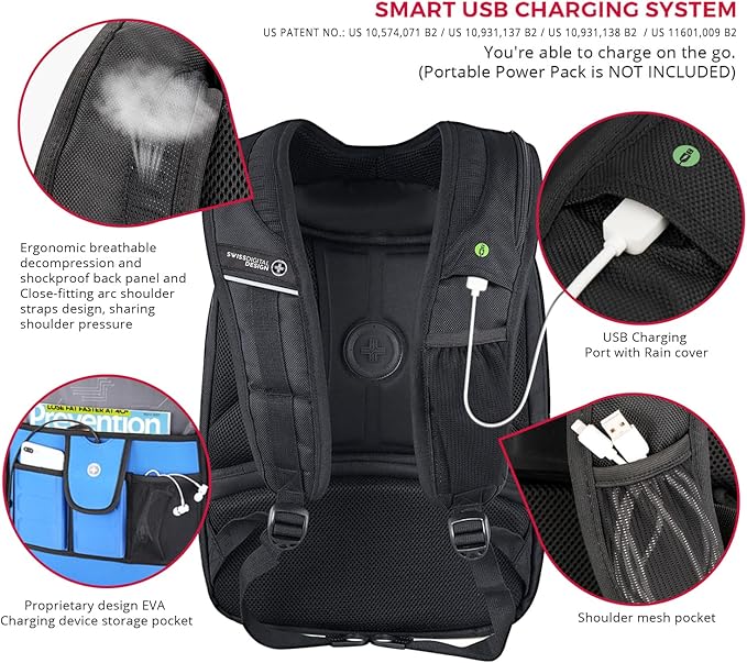 Swissdigital Design TSA Business Laptop Backpack For Men,Travel Backpack With USB Charging Port,College Tech Backpacks With RFID Pockets Presents For Men Fits 15.6 Inch Computer | TERABYTE