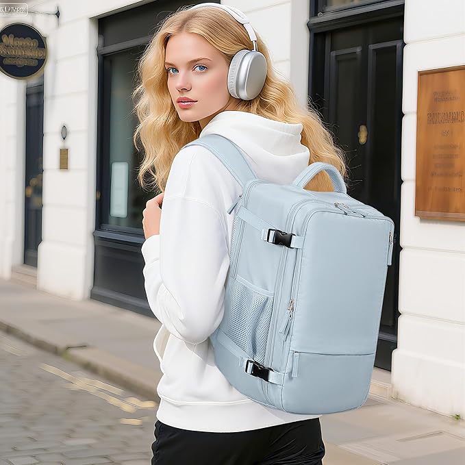 Beraliy Travel Backpack for Women Men, Carry On Backpack, 16 inch Laptop Backpack, Waterproof Casual College Daypack for Weekender Overnight Hiking, Light Blue