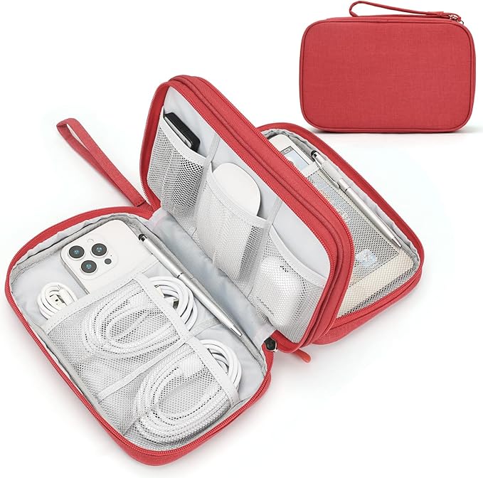 FYY Electronic Organizer, Large Travel Cable Organizer Bag Pouch Electronic Accessories Carry Case Portable Waterproof Double Layers All-in-One Storage Bag for Cable, Cord, Charger, Phone, Red