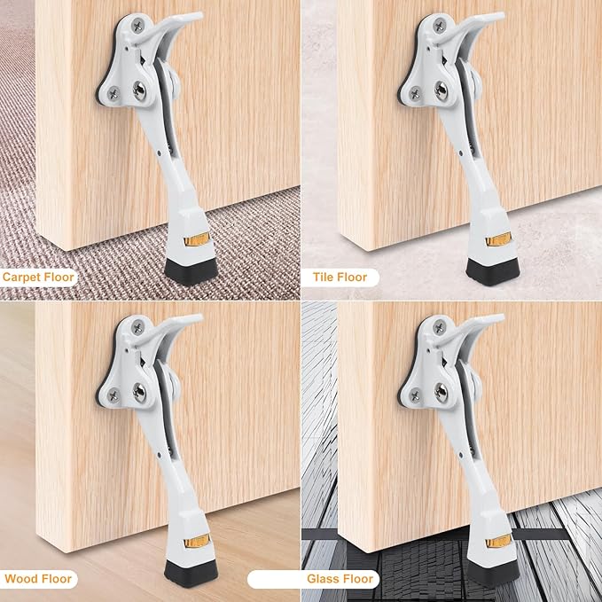 2 Packs Heavy Duty Kickdown Door Stopper, One Touch Adjustable Kickdown Door Stop for Heavy Doors, 4 in Metal Door Kickstand with Rubber Tip & Wall Protectors for Wide Doors- White