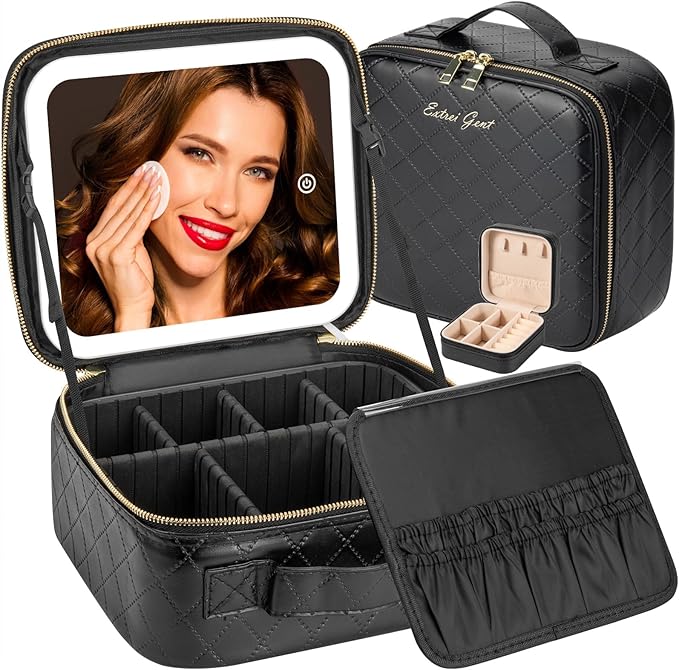 Makeup Travel Train Case with Mirror LED Light 3 Adjustable Brightness Cosmetic Bag Portable Storage Adjustable Partition Waterproof Makeup Brushes Makeup Jewelry Gift for Women