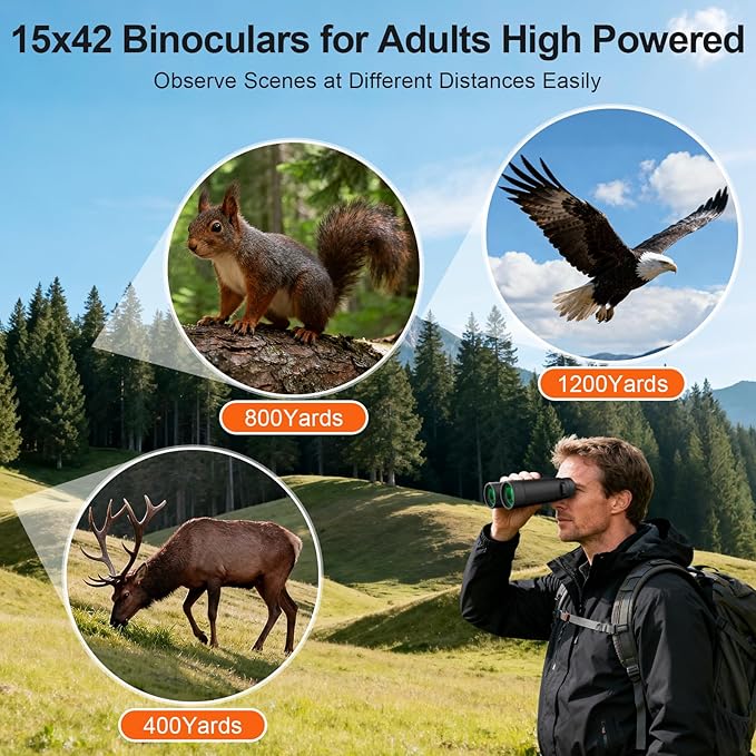 15x42 Binoculars for Adults High Powered - Aurosports HD Lightweight Bird Watching Binocular with Phone Adapter, BAK4 Prism & Carrying Bag