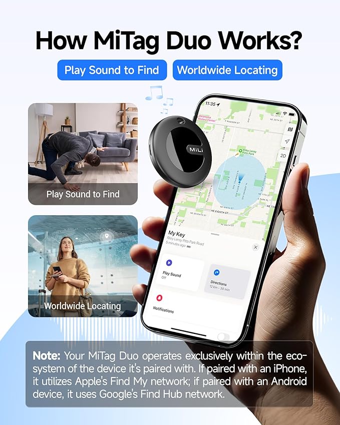 MiTag Duo - Bluetooth Tracker for iOS or Android, Smart Tracking Tag/Key Finder/Luggage Tracker/Item Locator, Compatible with iOS Find My or Google Find Hub App, IP67 Waterproof (4 Packs)