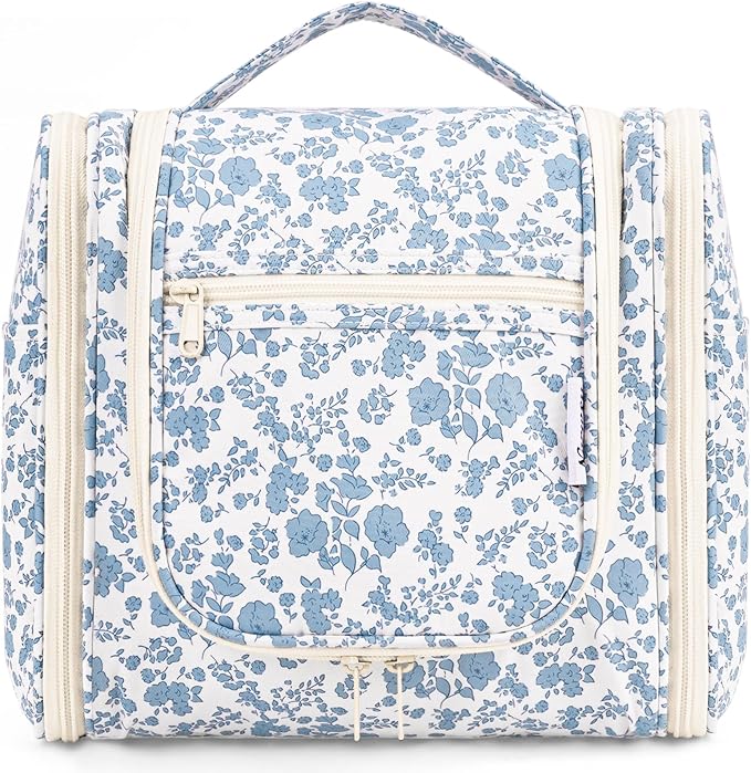 Narwey Hanging Toiletry Bag for Women Travel Makeup Bag Organizer Toiletries Bag for Cosmetics Essentials Accessories (Large, Little Blue Flower)