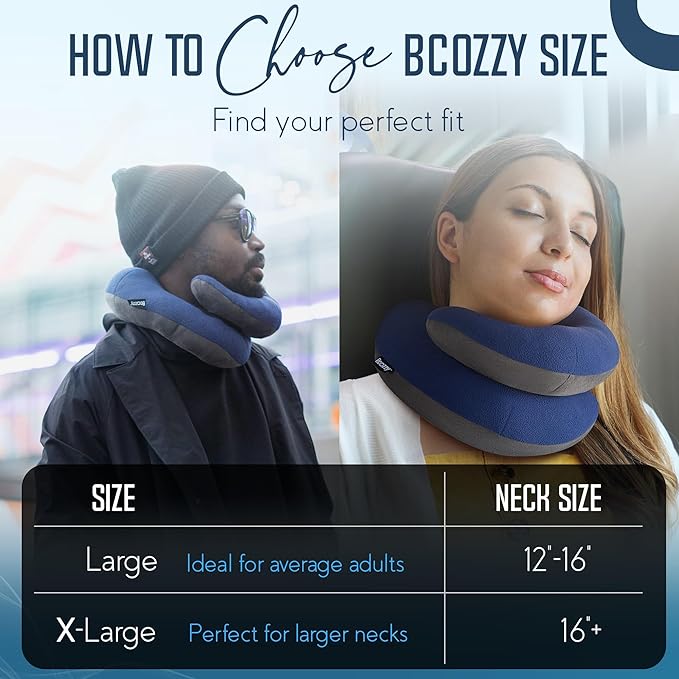 BCOZZY Travel Neck Pillow for Airplane– Patented Double Support for Head, Neck, and Chin. Best for Long Flights, Plane Sleeping, and Car Rides. Adjustable Size. Fully Washable. Carry Bag. Large, Nude