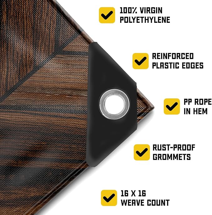 Core Tarps Extreme Heavy Duty 20 Mil Tarp Cover, Waterproof, UV Resistant, Rip and Tear Proof, Poly Tarpaulin with Reinforced Edges for Roof, Camping, Patio, Pool, Boat (Brown Wood/Black 20′ X 20′)