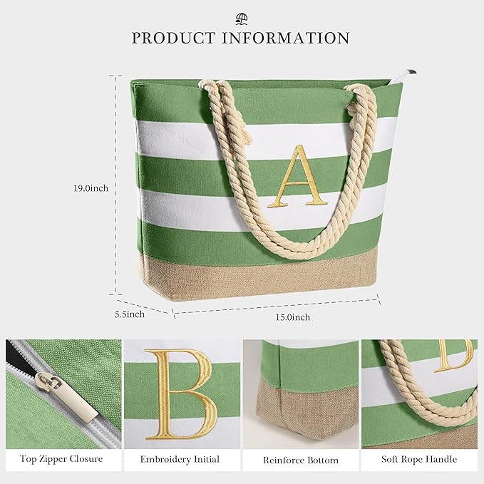YOOLIFE Initial Canvas Waterproof Beach Tote Bag Zipper Personalized Gifts for Women Her Birthday Travel Beach Essential