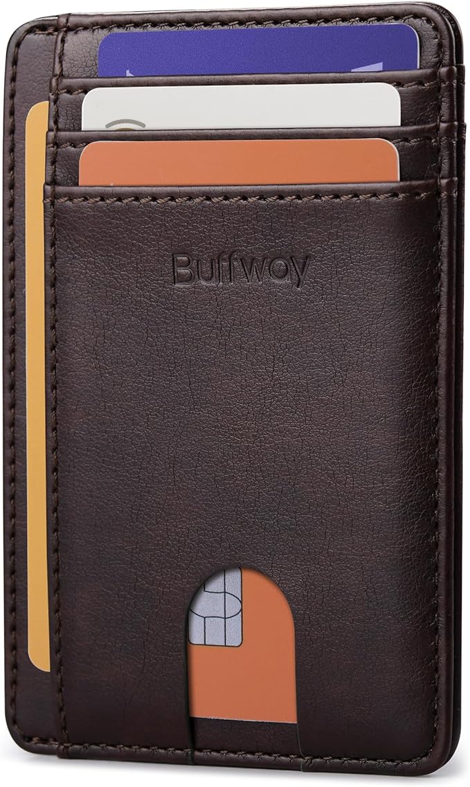 Buffway Slim Minimalist Front Pocket RFID Blocking Leather Wallets for Men and Women - Pebble Brown